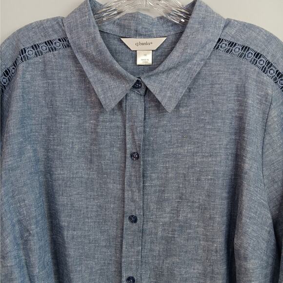 EUC CJ Banks Blue Linen and Cotton Blend Blouse with Lace Size 1X - Picture 2 of 10